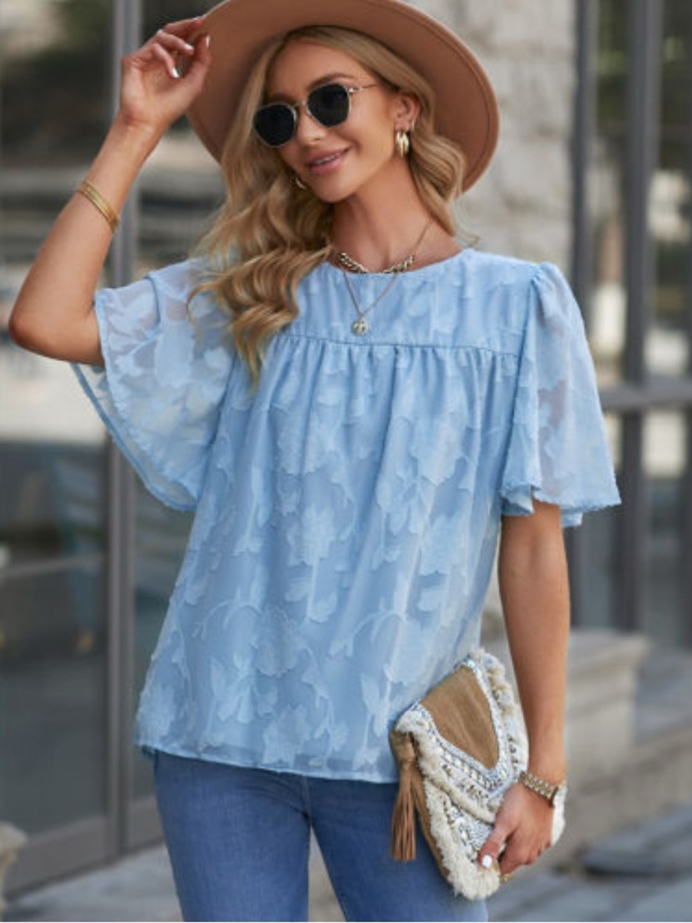 MEDIUM/Light Blue Floral Textured Short Sleeve Women's Blouse